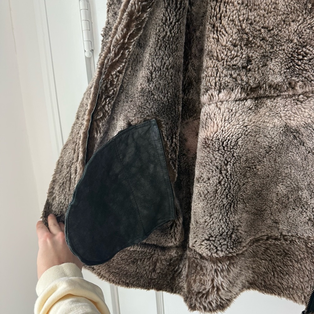 Vintage Green Black Shearling Sheepskin Jacket with Brown Lining Sz L - Picture 6 of 7